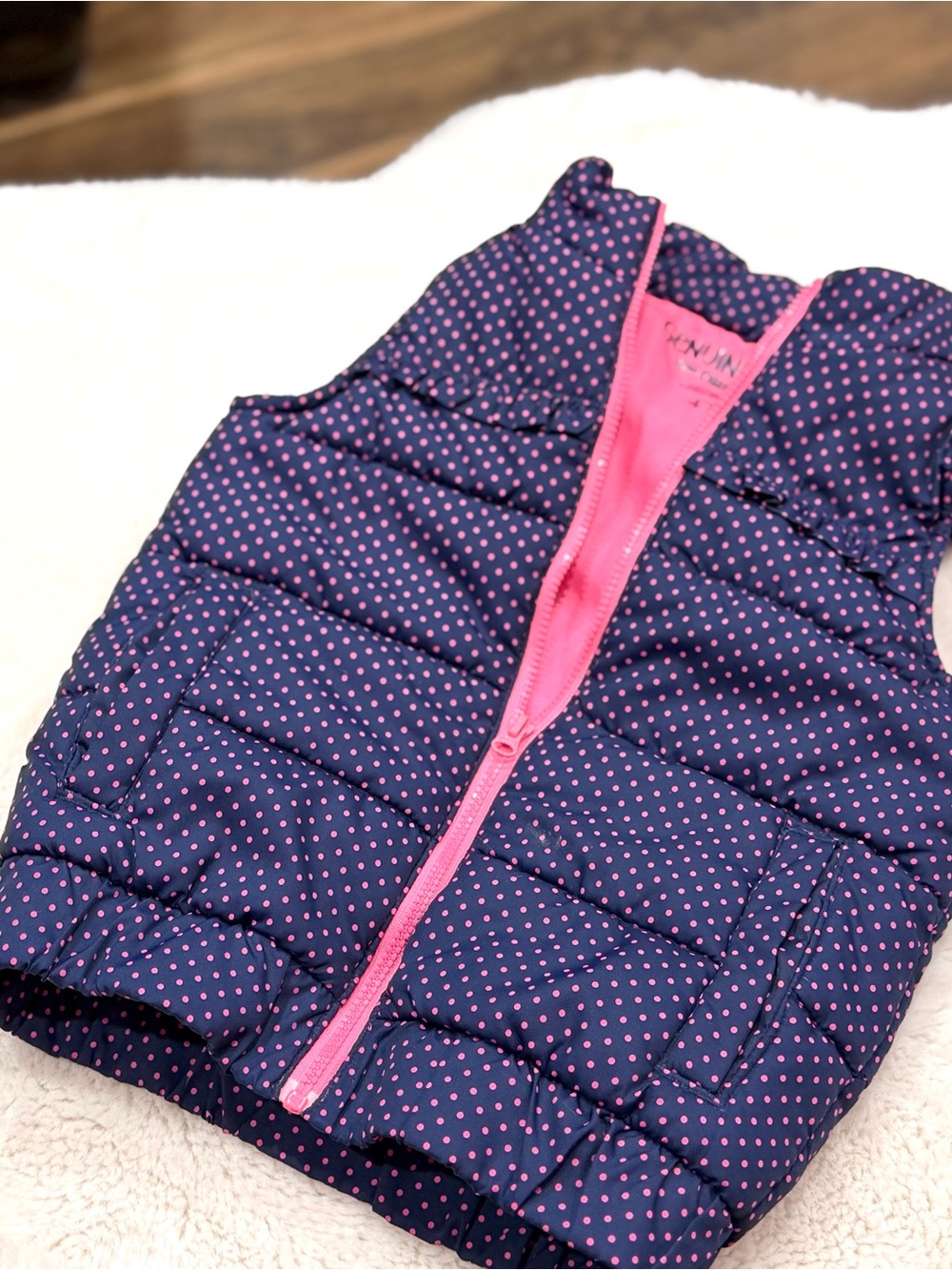 Girls Osh Kosh Genuine Kids 4T  Navy Polka Dot Puffer Vest with Pink Trim